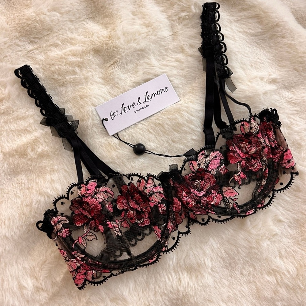 For Love And Lemons Juliet Black Lace Bra with Pink Floral Embroidery